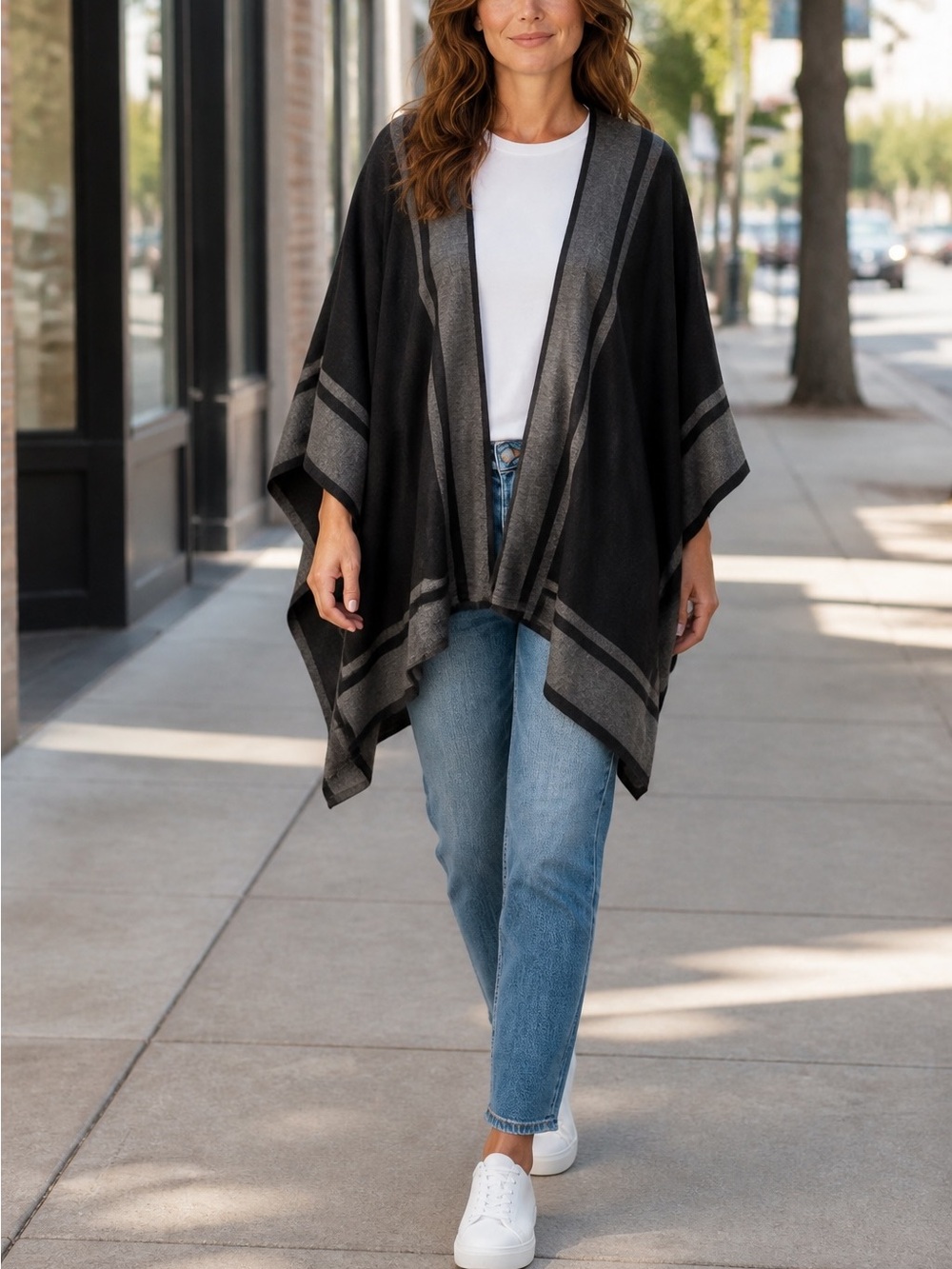 Ralph‎ Lauren Women's Knit Ruana Poncho One Size Fits All Black & Gray